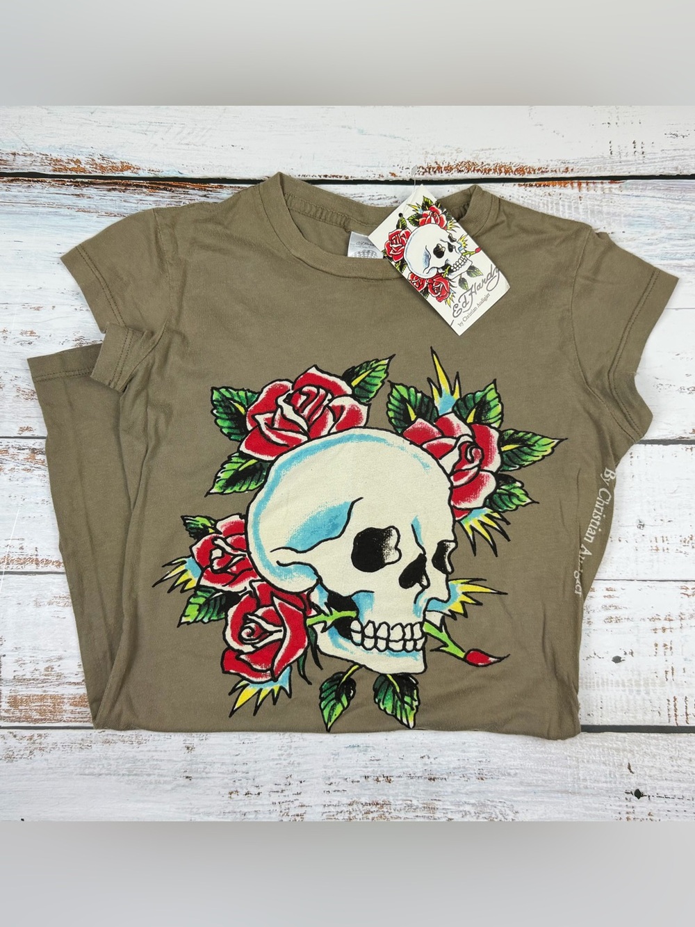 NEW Ed Hardy Olive Green Skull & Rose Graphic Tunic Size S